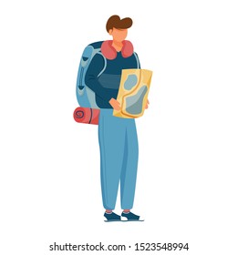Hiker man flat vector illustration. Trekking. Traveling person. Active leisure. Full body caucasian male tourist standing with backpack and map isolated cartoon character on white background