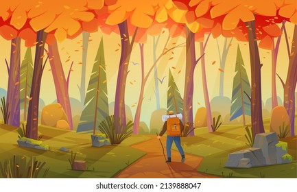 Hiker man in forest during trip with tent vector illustration. Journey, vcation, outdoor recreation concept. Traveler with backpack goes on hiking tour. Guy tourist travels through autumn forest