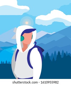 Hiker man and landscape design, Walker excursionist rambler tripper tourist travel trip tourism and journey theme Vector illustration