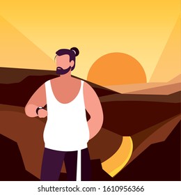 Hiker man and landscape design, Walker excursionist rambler tripper tourist travel trip tourism and journey theme Vector illustration