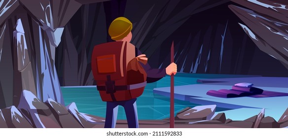 Hiker man made camp in dark ice cave with sleeping bag. Vector cartoon winter landscape with deep stone cavern in mountain, snow, frozen water, blanket, pillow and tourist with backpack