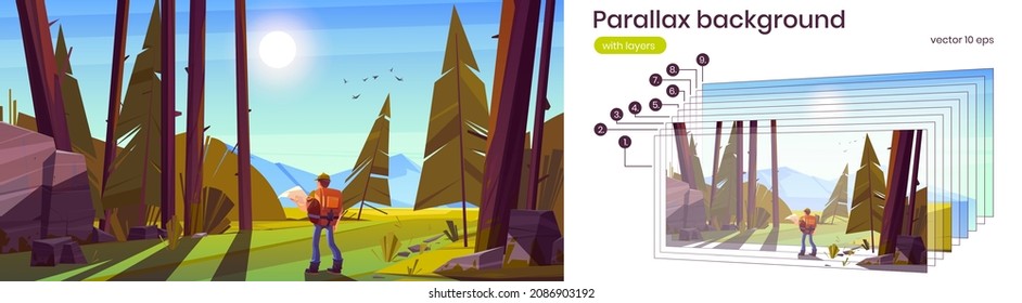 Hiker man with map and backpack in forest with coniferous trees, stones and mountains on horizon. Vector parallax background for 2d animation with cartoon summer woods landscape with tourist