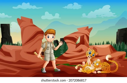 Hiker man with maps meets a mother cheetah with her cub