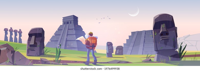 Hiker man on Easter island with ancient mayan pyramids and moai statue. Vector cartoon landscape with south american landmarks, temples, stone sculpture and tourist with backpack and map