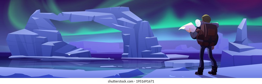 Hiker man on glacier in arctic sea. Polar landscape with melting iceberg and aurora borealis in sky at night. Vector cartoon illustration of tourist with backpack and map on polar ice