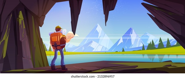 Hiker man in rock cave with view to lake and mountains on horizon. Vector cartoon illustration of summer landscape with tourist with backpack and map in stone cavern, forest on river shore and rocks