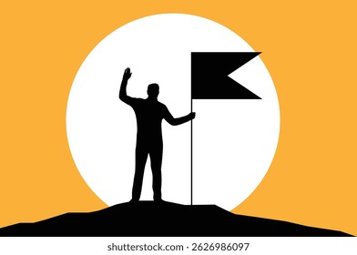 Silhueta do homem do caminhante com bandeira no topo no sol. Pessoas e atividades esportivas, negócios e arte vetorial de determinação