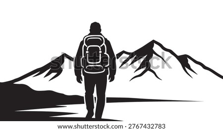 Hiker man silhouette walking towards mountain peaks, minimalist black and white outdoor adventure illustration