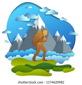 Hiker man walking through grasslands with high mountain peaks in background. Vector illustration of scenic nature with hiking guy carrying backpack, climber. Summer vacations.  