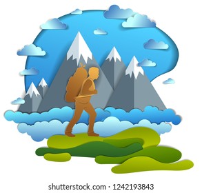 Hiker man walking through grasslands with high mountain peaks in background. Vector illustration of scenic nature with hiking guy carrying backpack, climber. Summer vacations.  