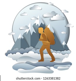 Hiker man walking through grasslands with high mountain peaks in background. Vector illustration of scenic nature with hiking guy carrying backpack, climber. Summer vacations.  