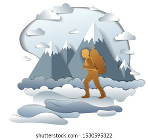 Hiker man walking through grasslands with high mountain peaks in background. Vector illustration of scenic nature with hiking guy carrying backpack, climber. Summer vacations.  
