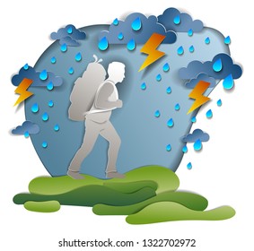Hiker man walking through thunderstorm and rain, motivation, survival test. Vector illustration of stormy weather with hiking guy carrying backpack. Holidays and vacations.