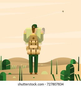 Hiker with map in the middle of the desert, vector background