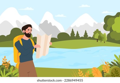 Hiker with map. Tourist and traveler in forest near lake and mountains. Journey and adventure. Camping and hiking. Man with backpack outdoor exploring nature. Cartoon flat vector illustration