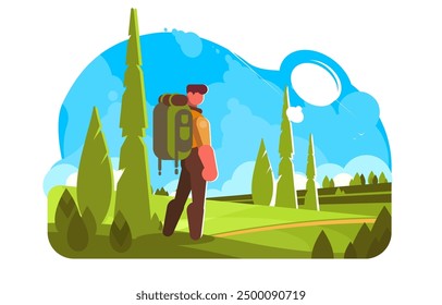 Hiker in Mountain Landscape. Vector illustration of solo traveler with backpack, exploring nature.