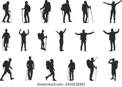 Hiker in mountain silhouettes, Hiking silhouette, Backpacker silhouettes, Adventure silhouette, Mountaineer climber hiker vector illustration.