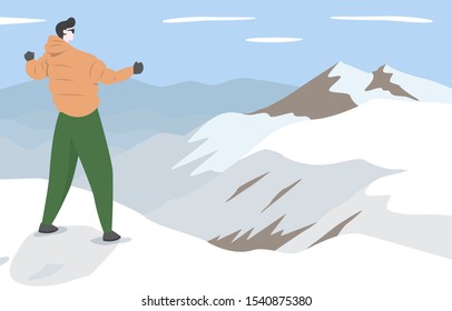 Hiker Mountaineer Man Standing on Top Ice Snow Mountain Flat Illustration