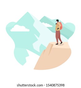 Hiker Mountaineer Man Standing on Top Ice Snow Mountain Flat Illustration