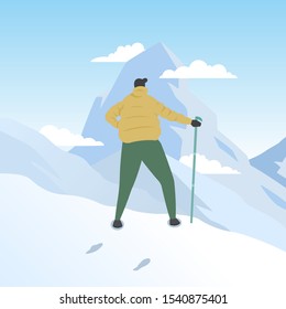 Hiker Mountaineer Man Standing on Top Ice Snow Mountain Flat Illustration