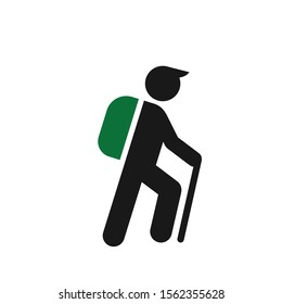 Hiker, mountaineer simple black vector icon. Tourist, mountain climber with backpack symbol.