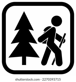 Hiker in nature, black silhouette of person with backpack and tree, tourist trail marking, vector icon on black frame