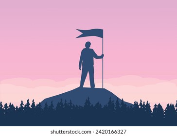 Hiker on a Hill with a Flag at Sunset. People and outdoor activities concept vector