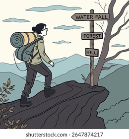 Hiker on a mountain path facing a signpost with directions to a waterfall, forest, or hill. Illustrates outdoor adventure and decision making.