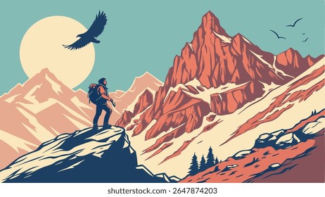 Hiker on peak viewing majestic mountain landscape with soaring eagle. Adventure and wilderness exploration vector art.
