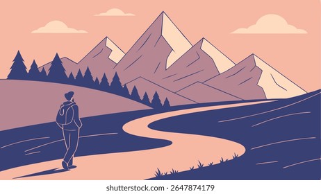Caminhe em um caminho de montanha sinuoso com pinheiros e picos majestosos sob um céu sereno. Aventura e conceito de exploração da natureza.