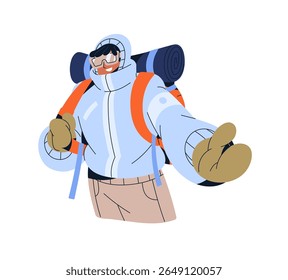 Hiker in outerwear extends hand to invite into winter hiking. Climber travels, trekking with backpack. Person is mountaineering, climbing on snow mountain. Flat isolated vector illustration on white