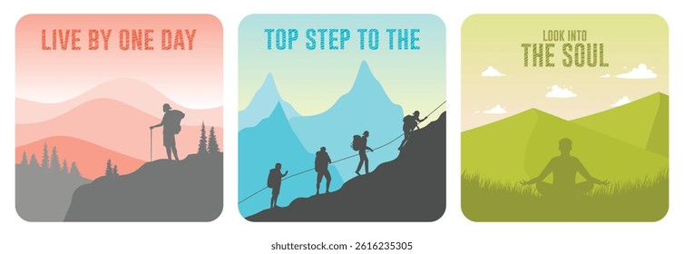 Hiker overlooking scenic mountains. Climbers tackle a steep mountain slope with ropes.Man meditating in a lush green landscape. Motivation concept. Set flat vector illustration