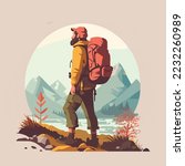 Hiker person hiking or trekking with backpack walking in mountain forest outdoor wilderness landscape, vector illustration