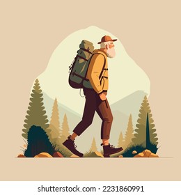 Hiker person hiking or trekking with backpack walking in mountain forest outdoor wilderness landscape, vector illustration