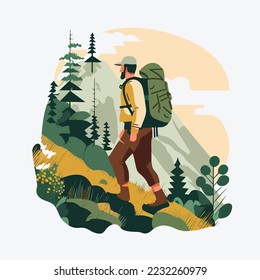 Wanderer oder Trekking mit Rucksack, Wandern in der Natur-Naturlandschaft im Gebwald, Vektorgrafik