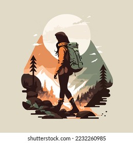 Hiker person hiking or trekking with backpack walking in mountain forest outdoor wilderness landscape, vector illustration