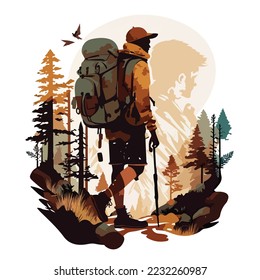 Hiker person hiking or trekking with backpack walking in mountain forest outdoor wilderness landscape, vector illustration