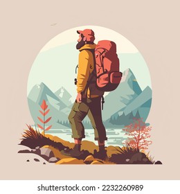 Hiker person hiking or trekking with backpack walking in mountain forest outdoor wilderness landscape, vector illustration