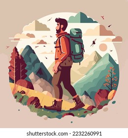 Hiker person hiking or trekking with backpack walking in mountain forest outdoor wilderness landscape, vector illustration