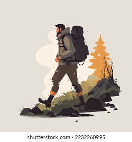 Wanderer oder Trekking mit Rucksack, Wandern in der Natur-Naturlandschaft im Gebwald, Vektorgrafik