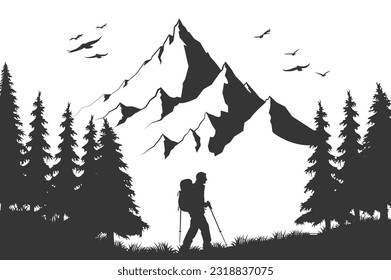 Hiker person hiking or trekking with backpack walking in mountain forest outdoor wilderness landscape, vector illustration. 3D Illustration