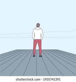 Hiker, personal journey and traveling alone concept. Person with backpack watching view of nature with forest and lake.