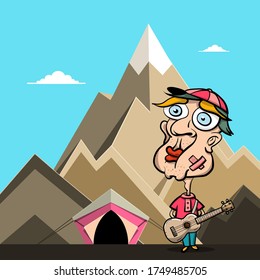 Hiker Playing Ukulele Guitar with Tent and Mountains on Background - Vector