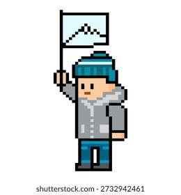 Hiker Reaching Mountain Peak Pixel
