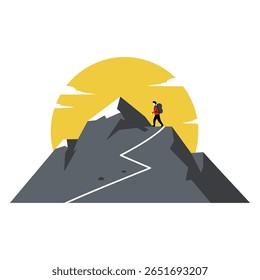 Hiker Reaching Mountain Peak at Sunrise Vector