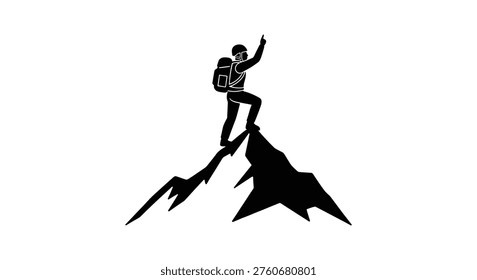 hiker reaching mountain summit vector illustration, flat design silhouette	