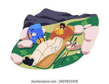Hiker relaxing in nature, reading book. Man camper resting during mountain hiking, trekking, holiday adventure. Backpacker, vacation recreation. Flat vector illustration isolated on white background