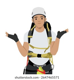 Caminhante em equipamento de segurança com um capacete e arnês levanta ambas as mãos em um gesto intrigado. Ilustração de vetor plano isolada no plano de fundo branco