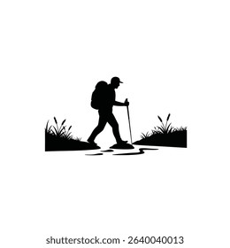 Hiker silhouette trekking across stream nature.