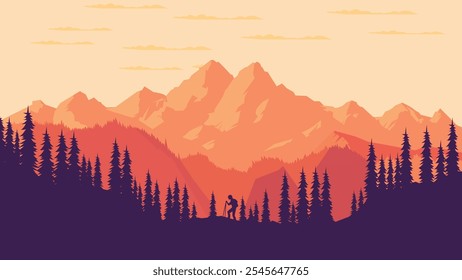 Hiker Silhouette Walking in the Pine Tree Forest with Mountain Landscape at Sunset